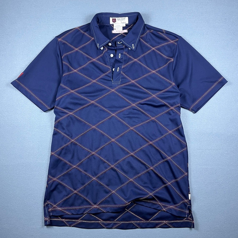 Iliac Golf Mens XL Slim Fit Navy Blue Diamond Stitch Performance Polo Shirt USA - Picture 2 of 8